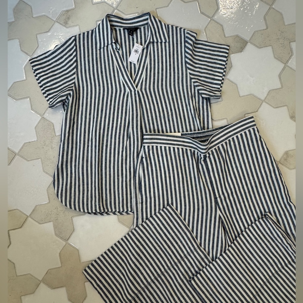 Banana Republic Navy Striped Linen Top & Pants SET